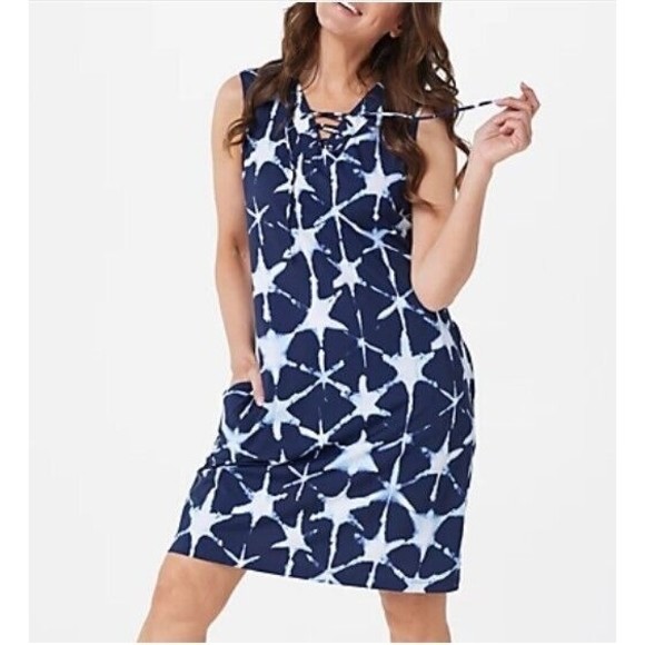 Denim & Co Beach Cover-Up Dress Lace-Up Neckline Red Shibori S Swim NWOT - Picture 10 of 10